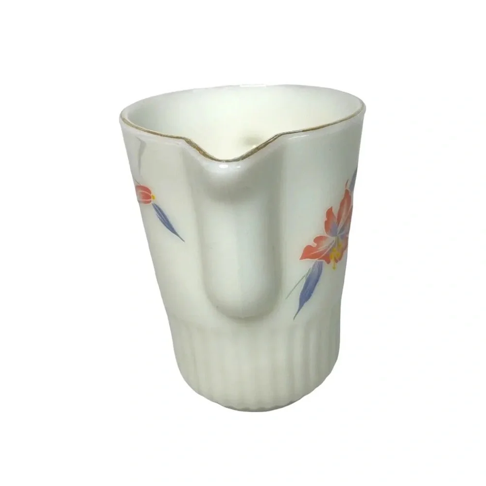 Neolex By Crystal Gold Rim Pitcher Oven Proof Opaque Milk Glass Floral Lily Vtg